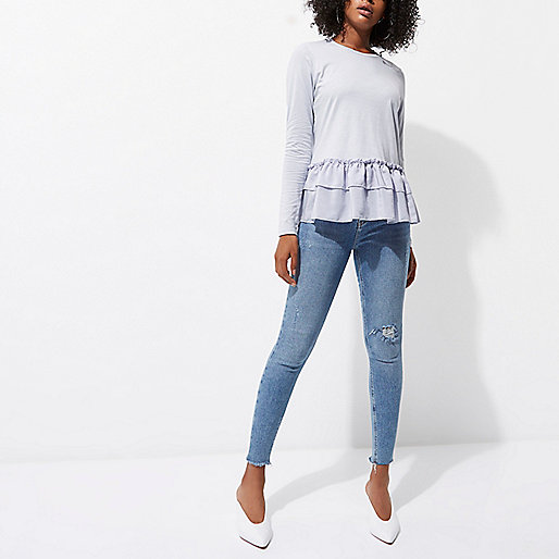 river island sign in,jacques-vertuk Ireland Light blue frill hem long sleeve T-shirt women 706835