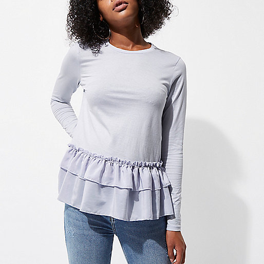 river island sign in,jacques-vertuk Ireland Light blue frill hem long sleeve T-shirt women 706835