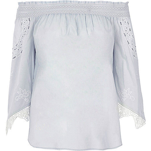 jacques-vertuk Light blue lace sleeve bardot top 702869 women Tops Bardot / Cold Shoulder Tops