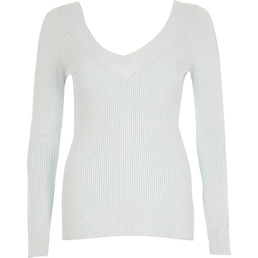 jacques-vertuk Light blue rib knit V neck fitted top 704896 women Knitwear Knitted Tops