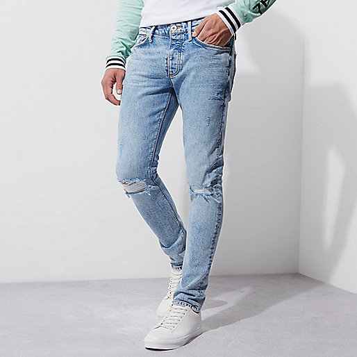 river island blue jeans,jacques-vertuk UK Light blue ripped knee Sid skinny jeans men 300761