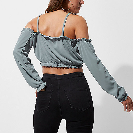 river island bags next,jacques-vertuk Black Top Light blue ruffle long sleeve bardot crop top Bardot / Cold Shoulder Tops Tops women