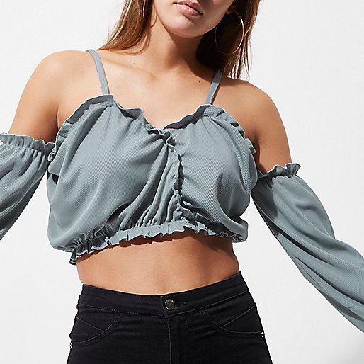 river island bags next,jacques-vertuk Black Top Light blue ruffle long sleeve bardot crop top Bardot / Cold Shoulder Tops Tops women