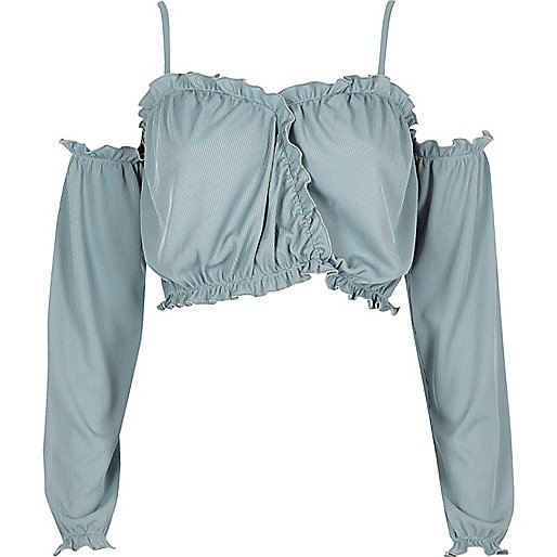 river island palazzo trousers,jacques-vertuk Sale Light blue ruffle long sleeve bardot crop top women 706999