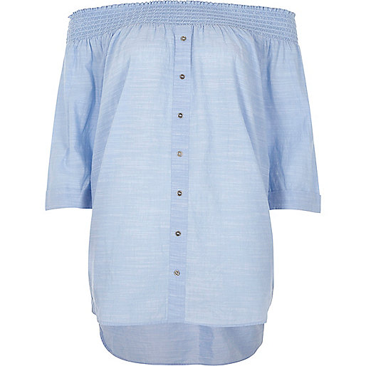 jacques-vertuk Light blue shirred bardot button front top 703706 women Tops Bardot / Cold Shoulder Tops