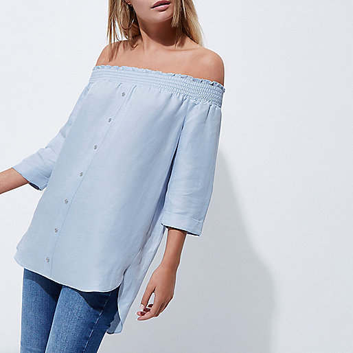 river island in store discount,jacques-vertuk South Africa Light blue shirred bardot shirt women 706870