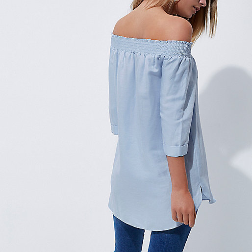 river island in store discount,jacques-vertuk South Africa Light blue shirred bardot shirt women 706870