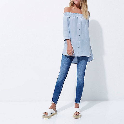 river island in store discount,jacques-vertuk South Africa Light blue shirred bardot shirt women 706870