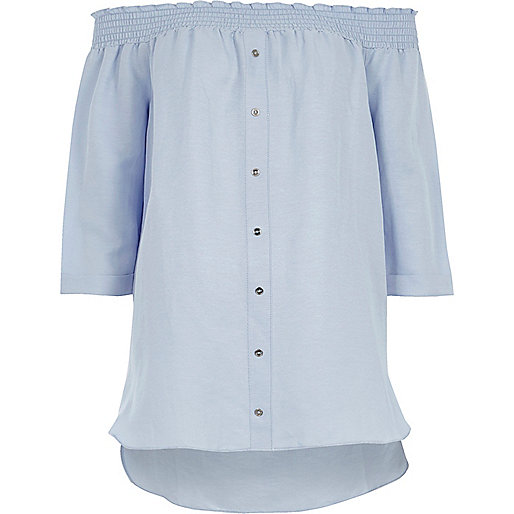 river island in store discount,jacques-vertuk South Africa Light blue shirred bardot shirt women 706870