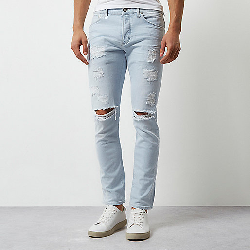 river island milan,jacques-vertuk Stores Light blue stonewash ripped Sid skinny jeans men 298818