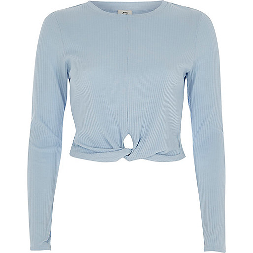 jacques-vertuk Light blue twist front long sleeve crop top 708064 women Tops Crop Tops / Bralets