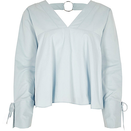 jacques-vertuk Light blue V neck ring back long sleeve top 709050 women Tops Crop Tops / Bralets