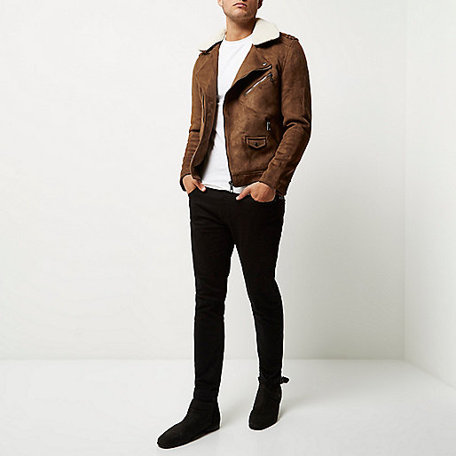 river island international delivery,jacques-vertuk Outlet Light brown fleece collar biker jacket men 295195