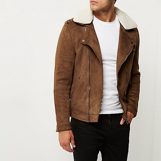 river island international delivery,jacques-vertuk Outlet Light brown fleece collar biker jacket men 295195