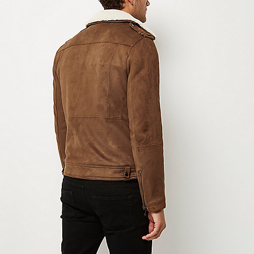 river island international delivery,jacques-vertuk Outlet Light brown fleece collar biker jacket men 295195