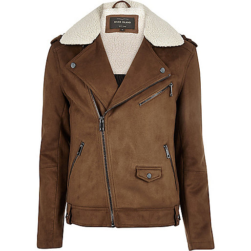 river island international delivery,jacques-vertuk Outlet Light brown fleece collar biker jacket men 295195