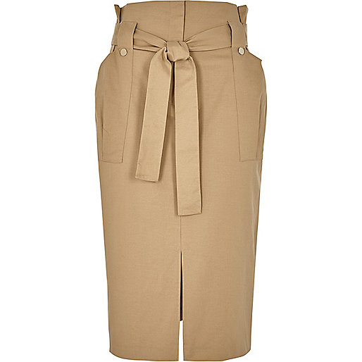 river island relaxed skinny jeans,Island In The River Light brown paper bag wast midi skirt Midi Skirts Skirts women