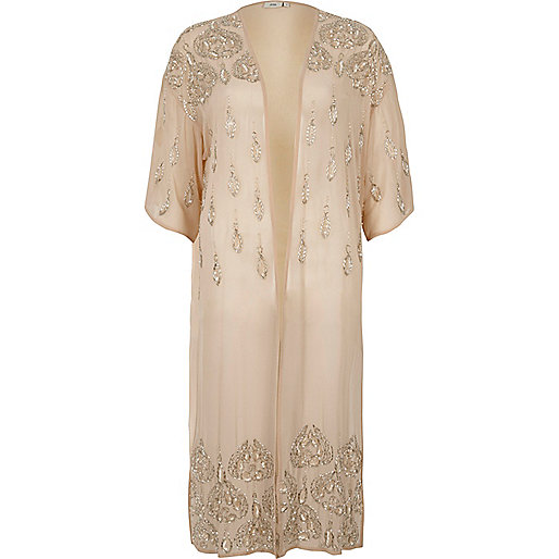 jacques-vertuk Light cream embellished longline kimono 702788 women Tops Kimonos