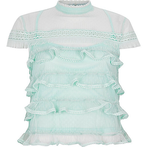 jacques-vertuk Light green mesh frill high neck top 704048 women RI Limited Edition