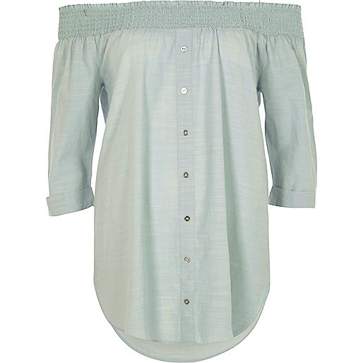 jacques-vertuk Light green shirred bardot shirt 703701 women Tops Bardot / Cold Shoulder Tops