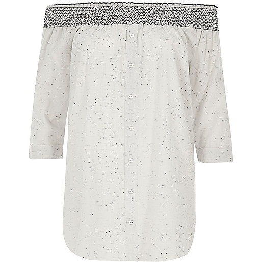 jacques-vertuk Light grey flecked shirred bardot shirt 706688 women Tops Bardot / Cold Shoulder Tops