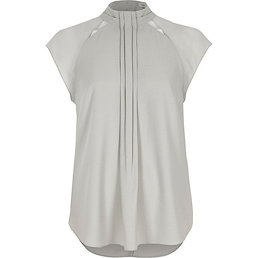 jacques-vertuk Light grey high neck pleat front top 706359 women Tops Blouses