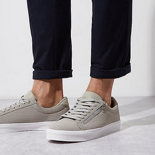 riva river island,jacques-vertuk 12 Light grey perforated zip lace-up sneakers Sneakers Shoes / Boots men