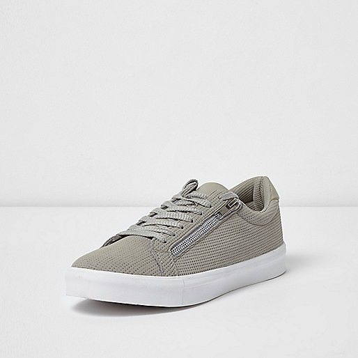 riva river island,jacques-vertuk 12 Light grey perforated zip lace-up sneakers Sneakers Shoes / Boots men