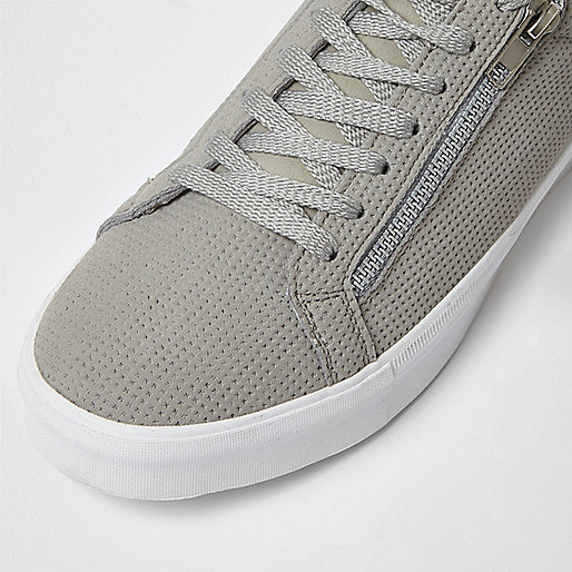 riva river island,jacques-vertuk 12 Light grey perforated zip lace-up sneakers Sneakers Shoes / Boots men