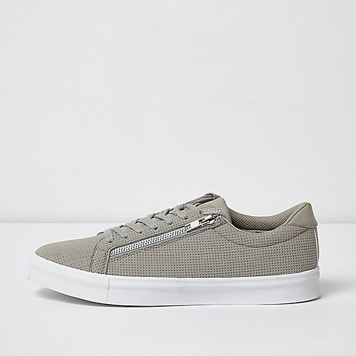 riva river island,jacques-vertuk 12 Light grey perforated zip lace-up sneakers Sneakers Shoes / Boots men