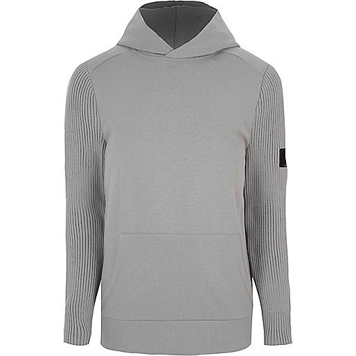 jacques-vertuk Light grey ribbed knit sleeve slim fit hoodie 303242 men Hoodies / Sweatshirts Hoodies