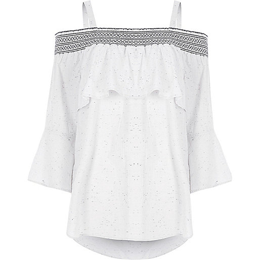 jacques-vertuk Light grey speckled print shirred bardot top 706706 women Tops