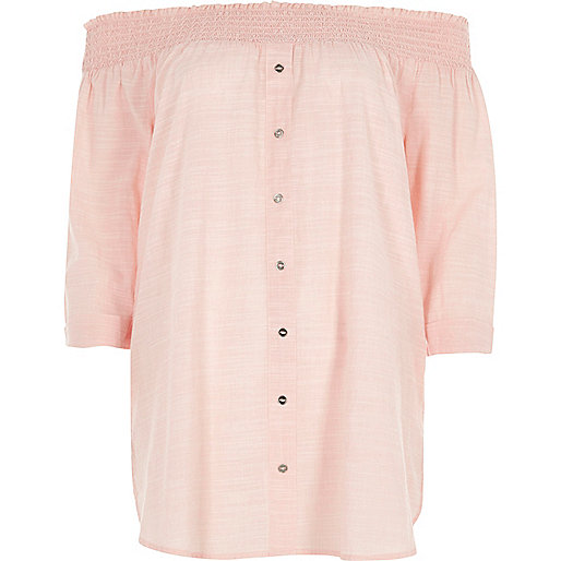 river island formal dresses,jacques-vertuk London Light pink button front shirred bardot top women 703810