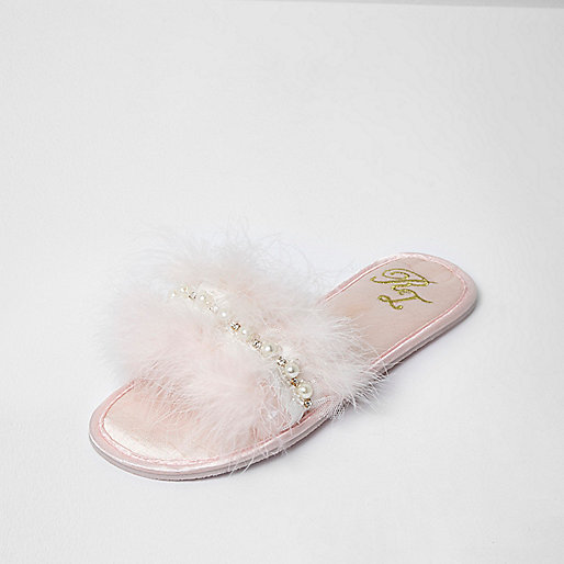 bright pink coat river island,jacques-vertuk Sale Light pink embellished feather slippers women 703353