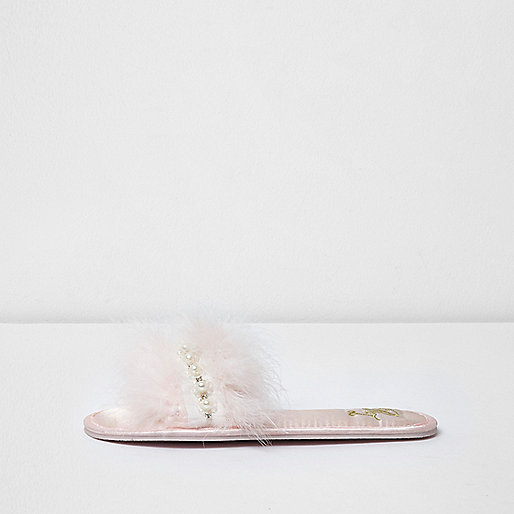 jacques-vertuk Light pink embellished feather slippers 703353 women Nightwear & Slippers Slippers