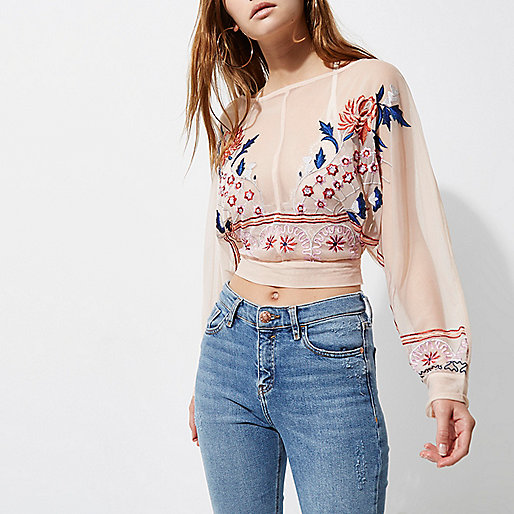 black patent river island bag,Tiver Islamd Light pink floral embroidered batwing top Blouses Tops women