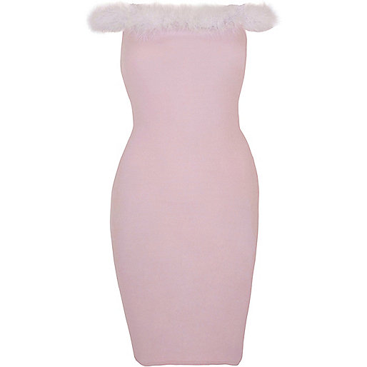 river island dress on this morning,jacques-vertuk Online Light pink fluffy trim bardot bodycon dress women 702225