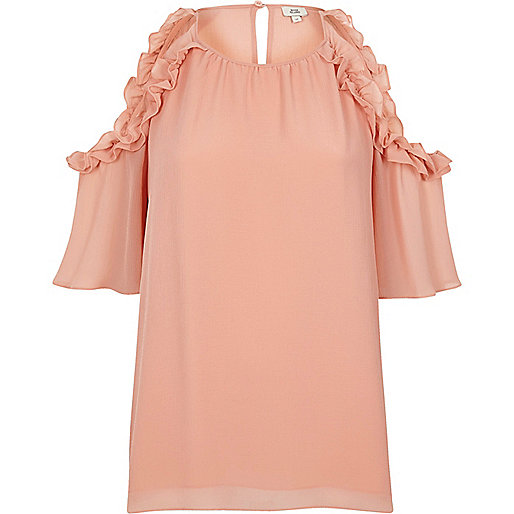 jacques-vertuk Light pink frill cold shoulder blouse 704641 women Tops Blouses