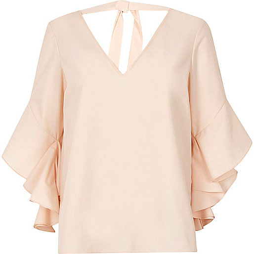 jacques-vertuk Light pink frill sleeve tie back V neck top 701845 women Seasonal Offers