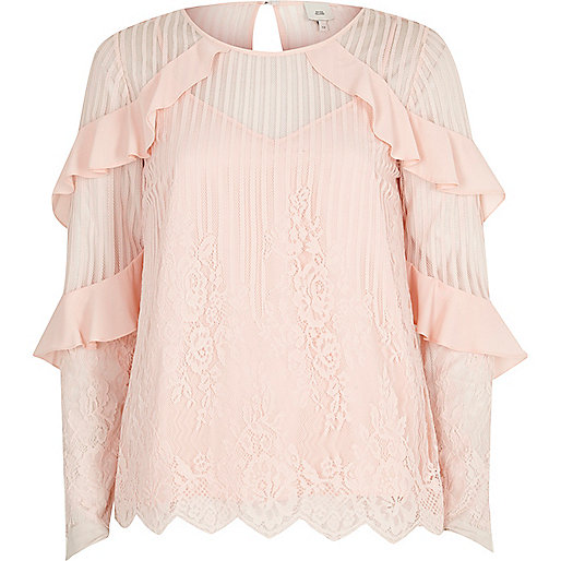 jacques-vertuk Light pink lace mesh long sleeve top 705262 women Tops Blouses