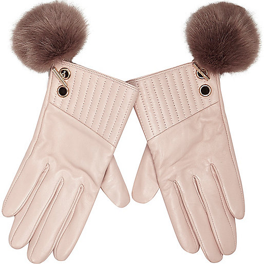 river island ribbed maxi dress,Island In A River Light pink leather pom pom gloves Gloves Accessories women