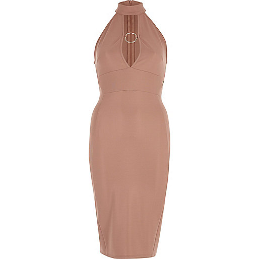 river island designer bags,jacques-vertuk Womens Shoes Sale Light pink ring fitted high neck midi dress Dresses Sale women