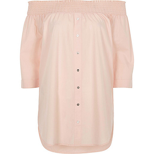 jacques-vertuk Light pink shirred bardot button front top 703704 women Seasonal Offers