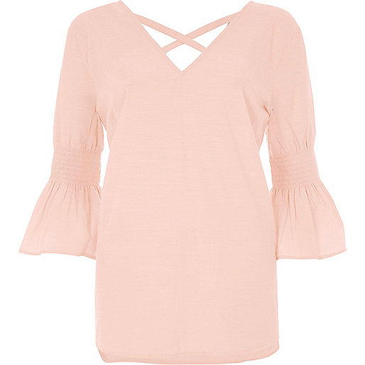 river island beige bag,jacques-vertuk Outlet Light pink shirred bell sleeve top women 702784