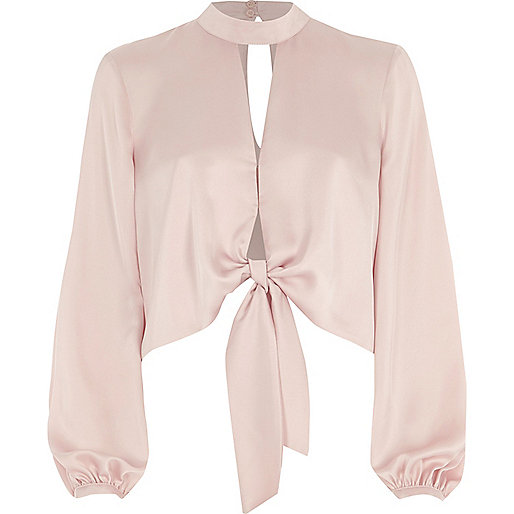 asos river island sandals,Who Sells jacques-vertuk Clothes Light pink tie front long sleeve crop top Crop Tops / Bralets Tops women