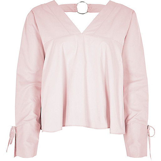 jacques-vertuk Light pink V neck ring back long sleeve top 709049 women Tops Crop Tops / Bralets