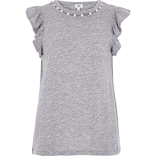 jacques-vertuk Marl grey faux pearl neck frill tank top 709781 women Tops T-Shirts & Vests Plain T-Shirts / Vests