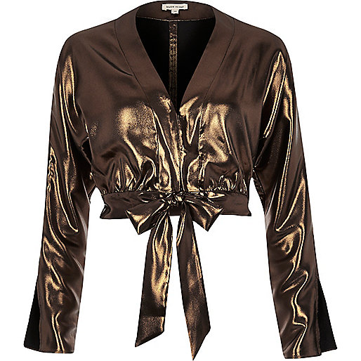 jacques-vertuk Metallic gold starlight tie front crop top 693789 women Tops