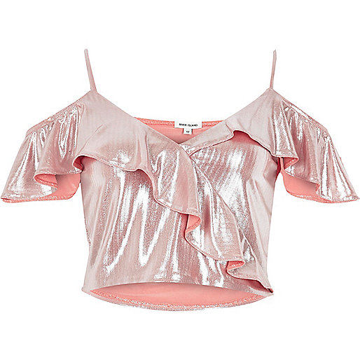 jacques-vertuk Metallic pink frill cold shoulder crop top 690963 women RI Limited Edition