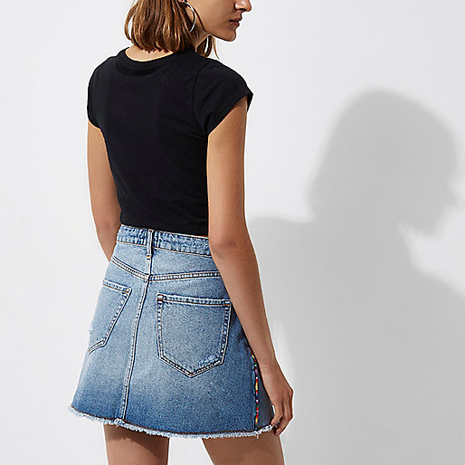 fringe boots river island,Shop Online At jacques-vertuk Mid blue denim distressed mini skirt Mini Skirts Skirts women